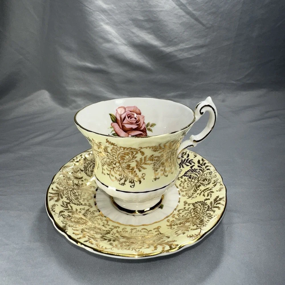 Paragon Tea Cup Saucer Floating Cabbage Rose Citron Yellow Gold Filigree A2645